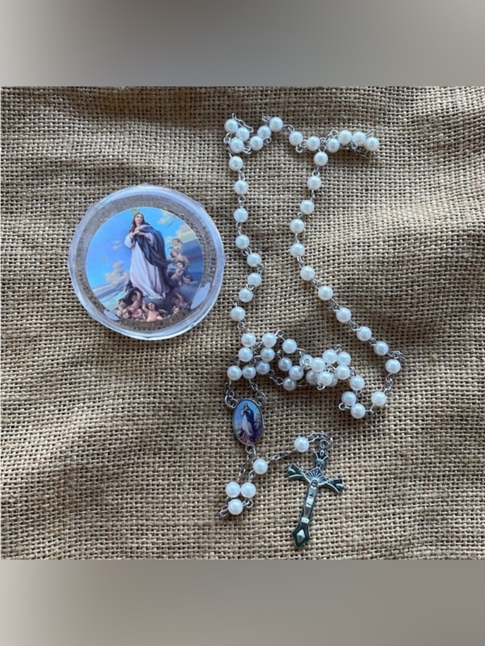 Elegant White Rosary Necklace New with box